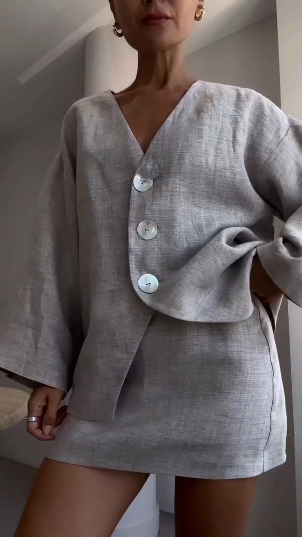 Women V-neck Top + Skirt Casual Set