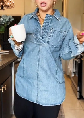 Women Lapel Spliced Denim Casual Top