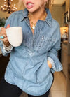 Women Lapel Spliced Denim Casual Top
