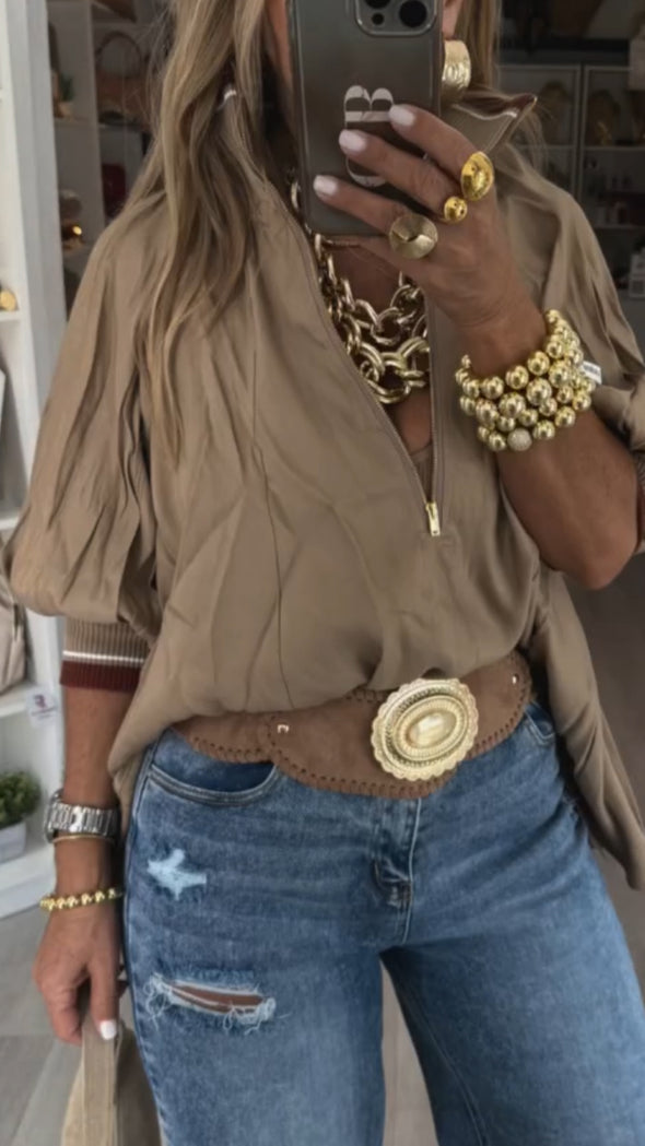 Womens Round Neck Half Zipper Casual Top