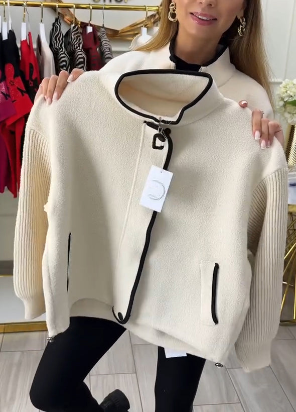 Womens Round Neck Spliced knitted Casual Jacket