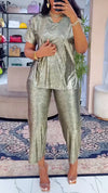 Ladies Round Neck Sequin Solid Color Casual Set