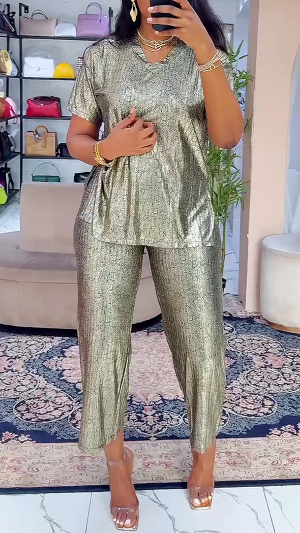 Ladies Round Neck Sequin Solid Color Casual Set