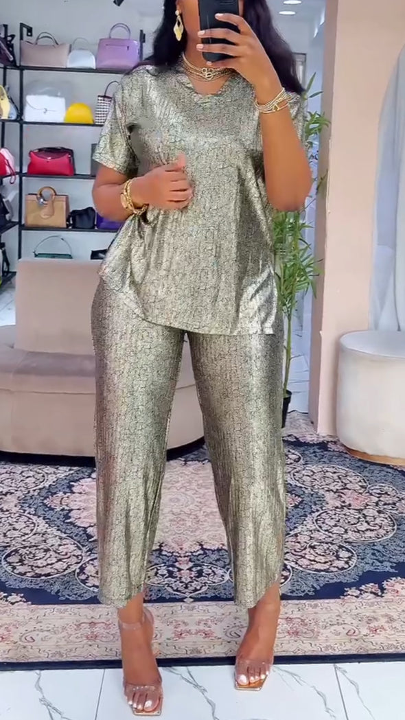 Ladies Round Neck Sequin Solid Color Casual Set