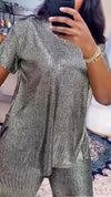 Ladies Round Neck Sequin Solid Color Casual Set