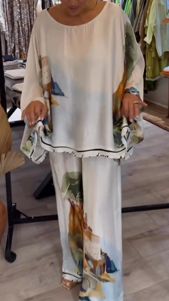 Womens Round Neck Printed Loose Casual Suit