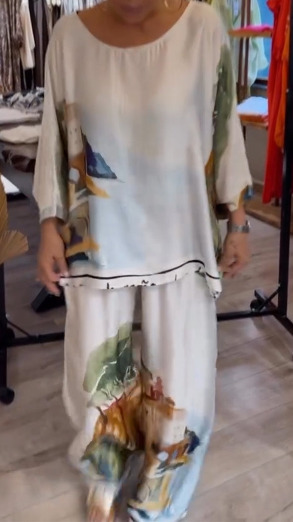 Womens Round Neck Printed Loose Casual Suit