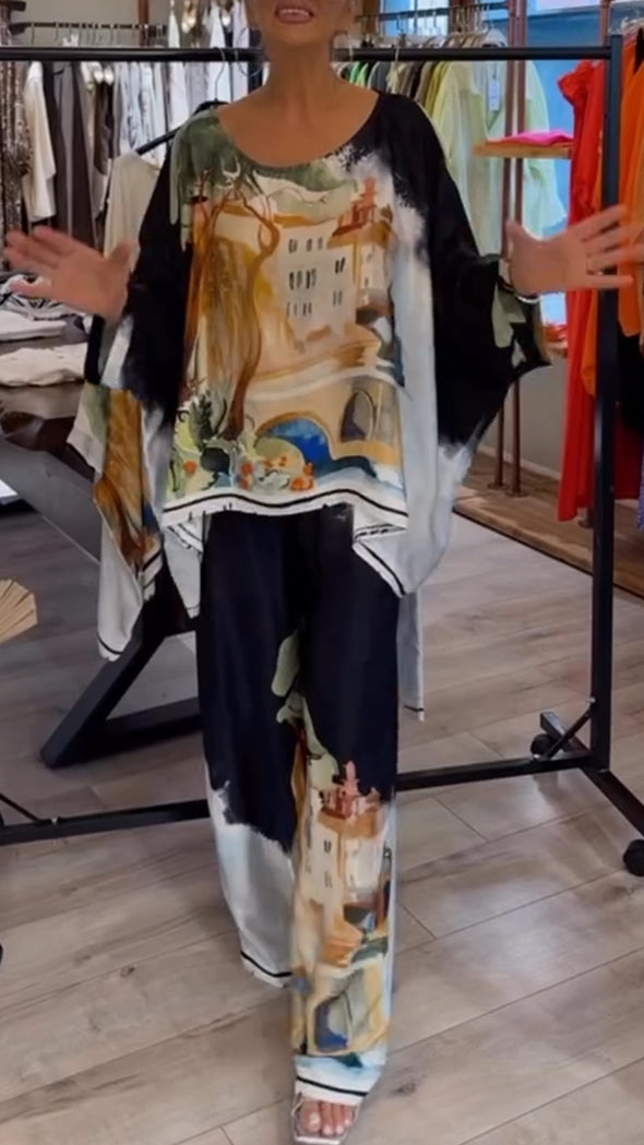 Womens Round Neck Printed Loose Casual Suit