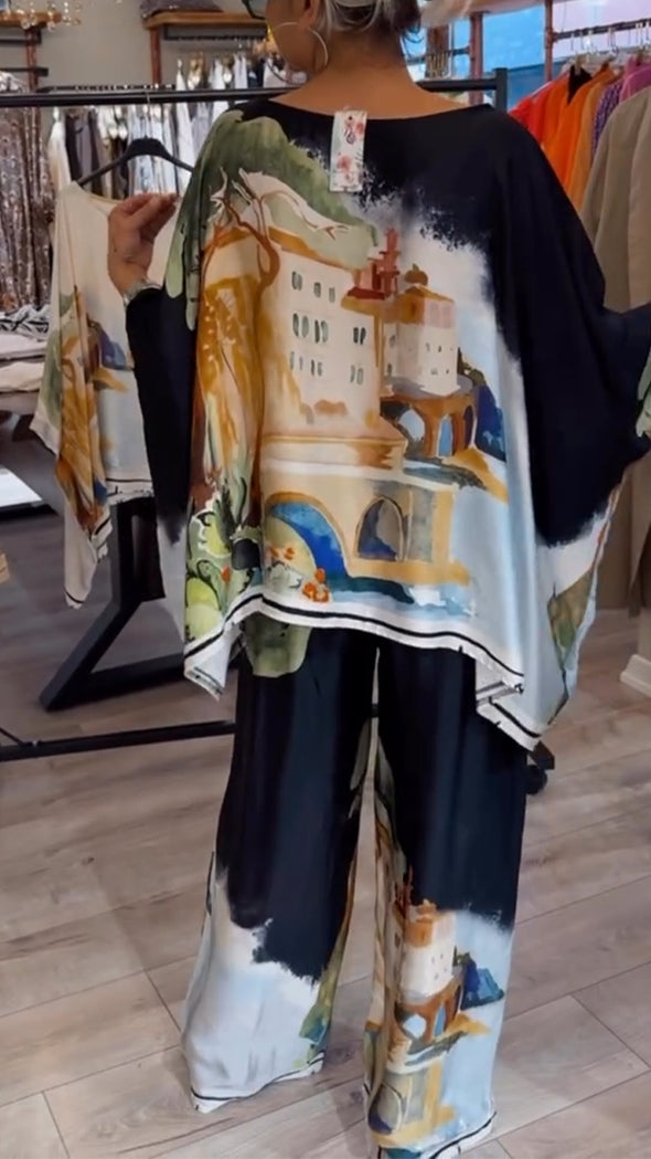 Womens Round Neck Printed Loose Casual Suit