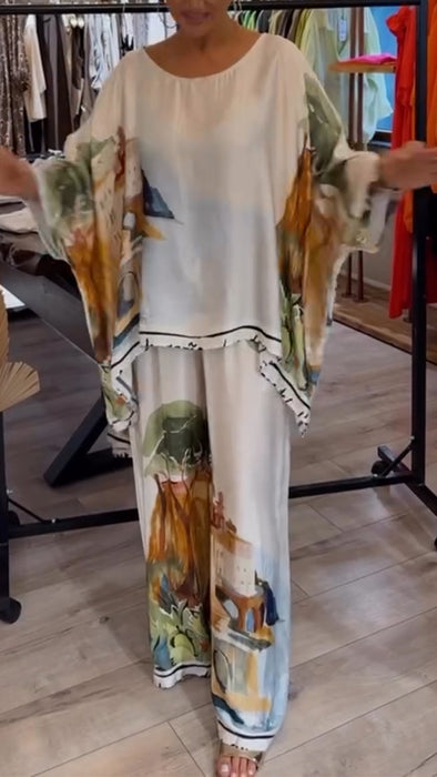 Womens Round Neck Printed Loose Casual Suit