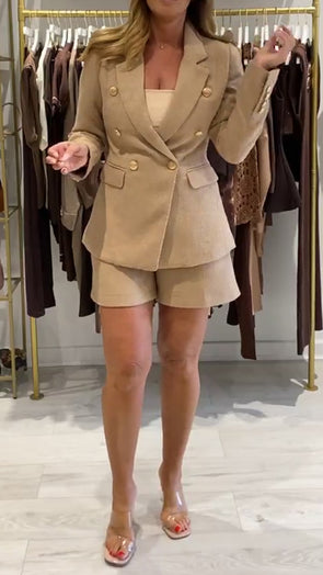 Womens Lapel Double-breasted Jacket + Shorts Temperament Casual Suit