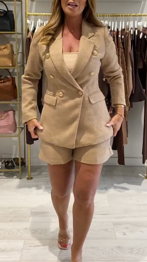 Womens Lapel Double-breasted Jacket + Shorts Temperament Casual Suit