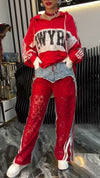 Womens Round Neck Hooded Printed Top + Spliced Pants Casual Suit