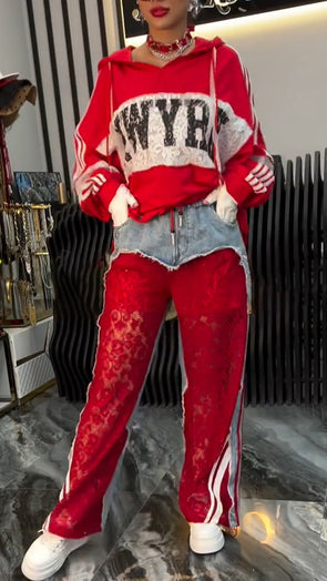 Womens Round Neck Hooded Printed Top + Spliced Pants Casual Suit