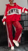 Womens Round Neck Hooded Printed Top + Spliced Pants Casual Suit