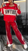 Womens Round Neck Hooded Printed Top + Spliced Pants Casual Suit