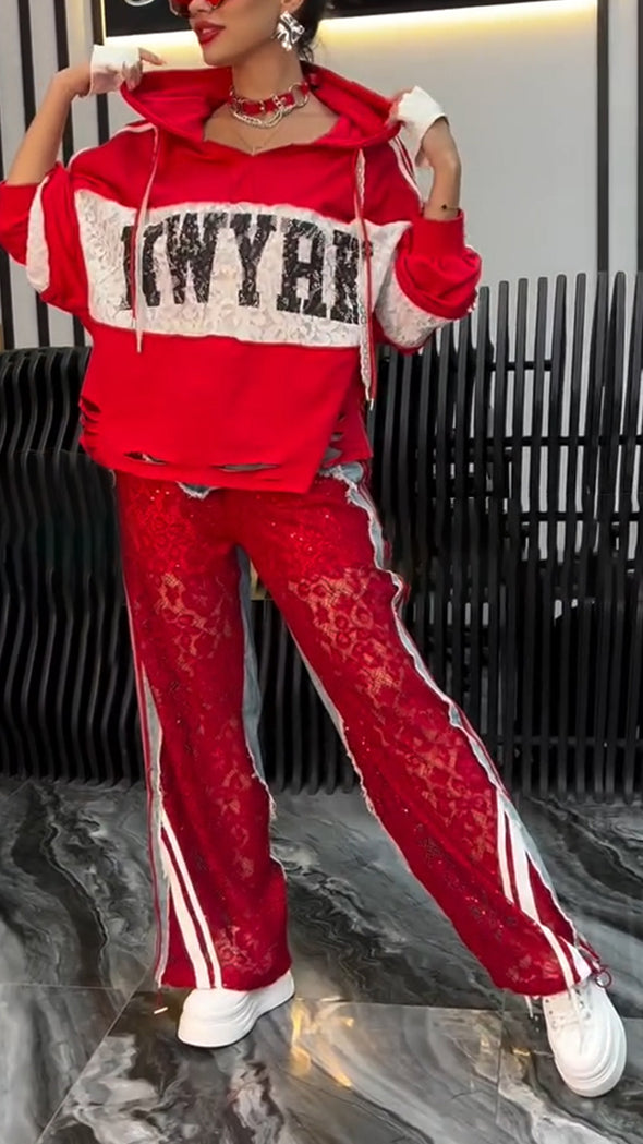 Womens Round Neck Hooded Printed Top + Spliced Pants Casual Suit