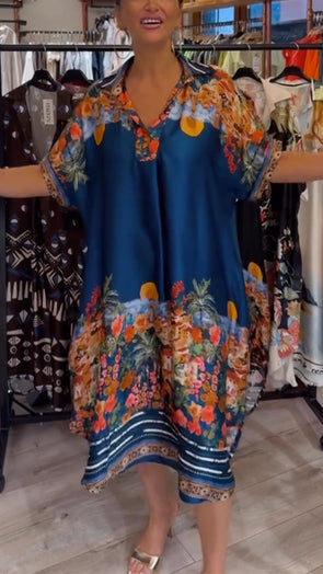 Womens Lapel Printed Loose Casual Body Dress