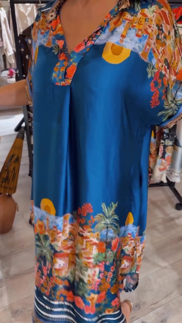 Womens Lapel Printed Loose Casual Body Dress