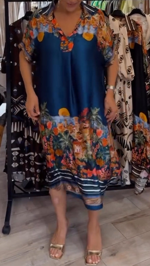 Womens Lapel Printed Loose Casual Body Dress