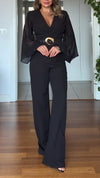 Women V-neck Spliced Chiffon Sleeve Temperament Casual Jumpsuits