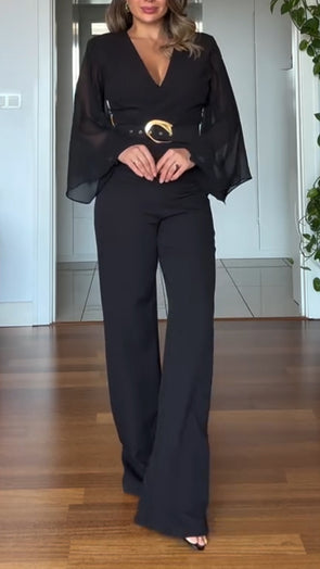 Women V-neck Spliced Chiffon Sleeve Temperament Casual Jumpsuits
