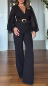 Women V-neck Spliced Chiffon Sleeve Temperament Casual Jumpsuits
