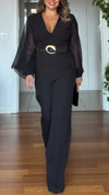 Women V-neck Spliced Chiffon Sleeve Temperament Casual Jumpsuits