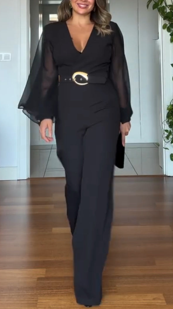 Women V-neck Spliced Chiffon Sleeve Temperament Casual Jumpsuits