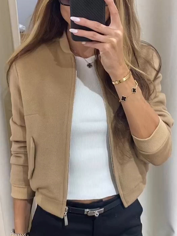 Womens Round Neck Zipper Casual Jacket