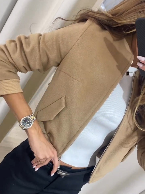 Womens Round Neck Zipper Casual Jacket