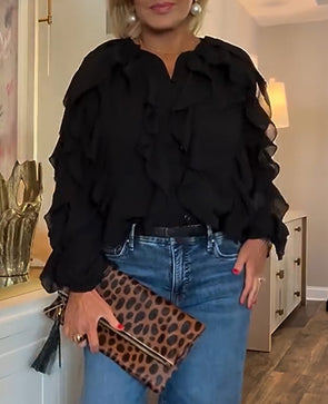 Women Round Neck Breasted Spliced Casual Top