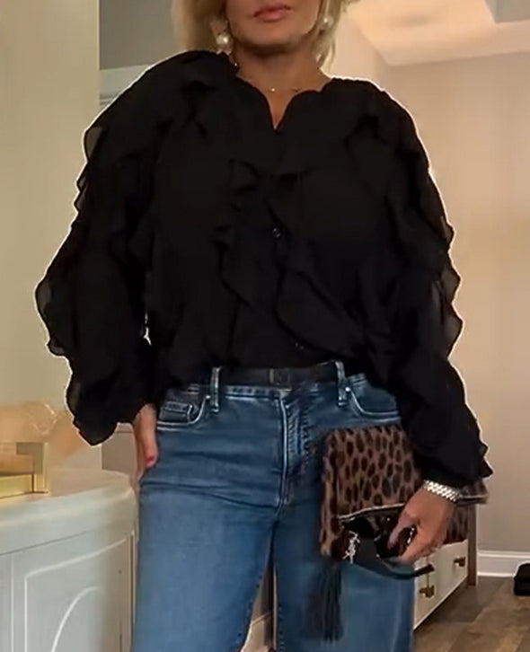 Women Round Neck Breasted Spliced Casual Top
