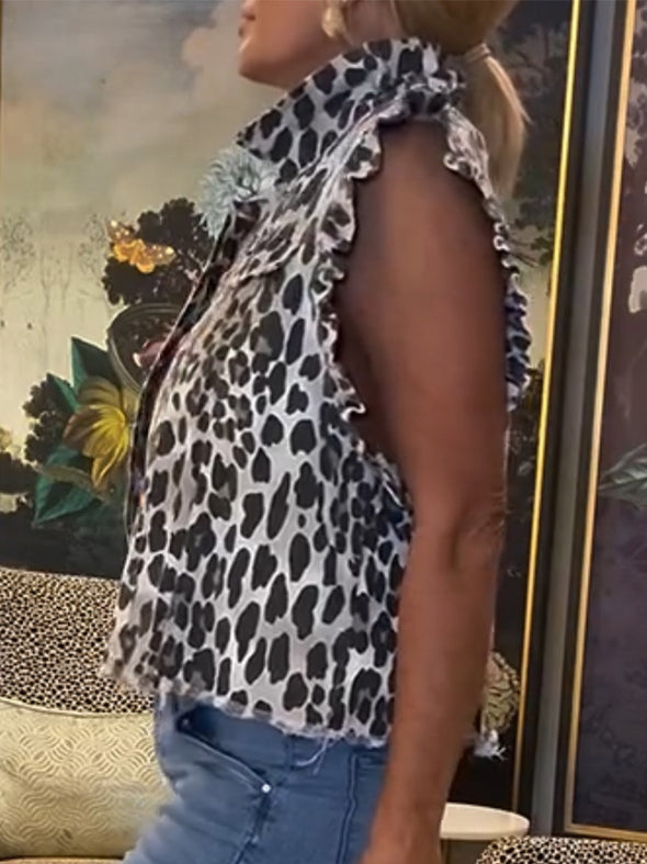 Women Lapel Print Casual Vest Top