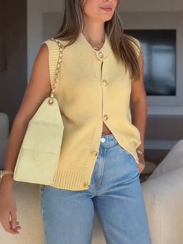 Women Round Neck Breasted Knitted Casual Top