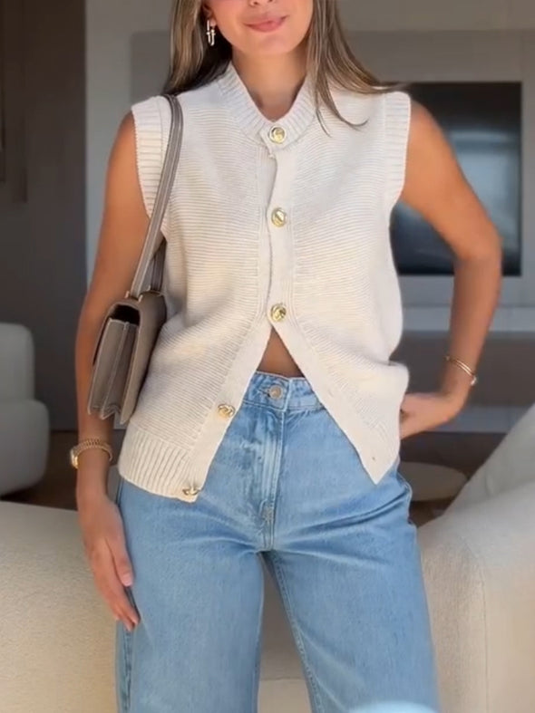 Women Round Neck Breasted Knitted Casual Top