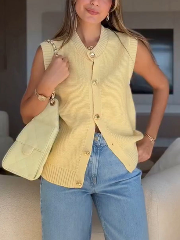 Women Round Neck Breasted Knitted Casual Top