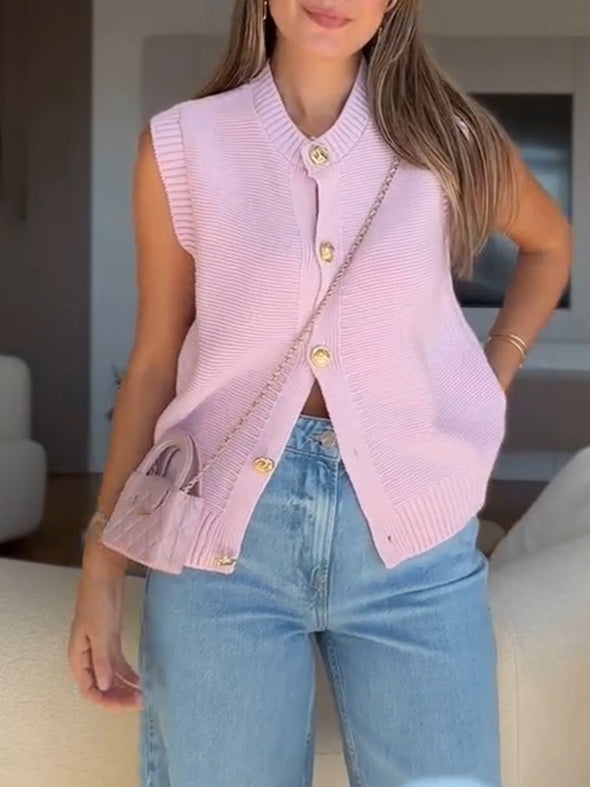 Women Round Neck Breasted Knitted Casual Top
