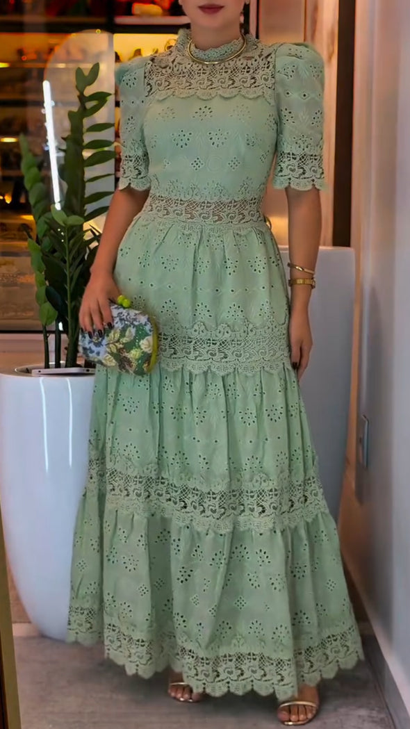 Women Round Neck Splicing Printed Hollow Elegant Casual Temperament Dress
