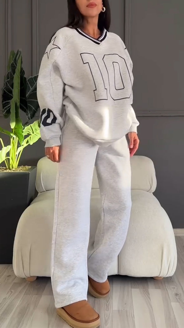 Women V-neck Printed Top + Pants Casual Set