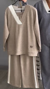 Womens V-neck Contrast Color Top + Pants Casual Set