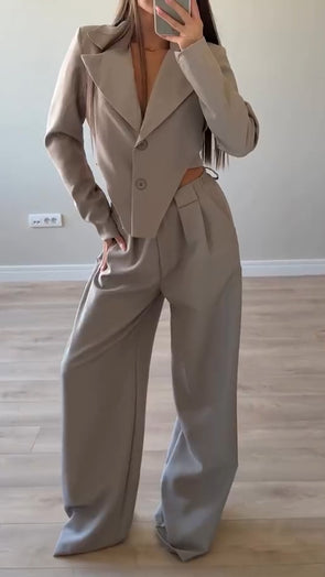 Womens Lapel Hollow Irregular Top + Pants Temperament Commuting Suit