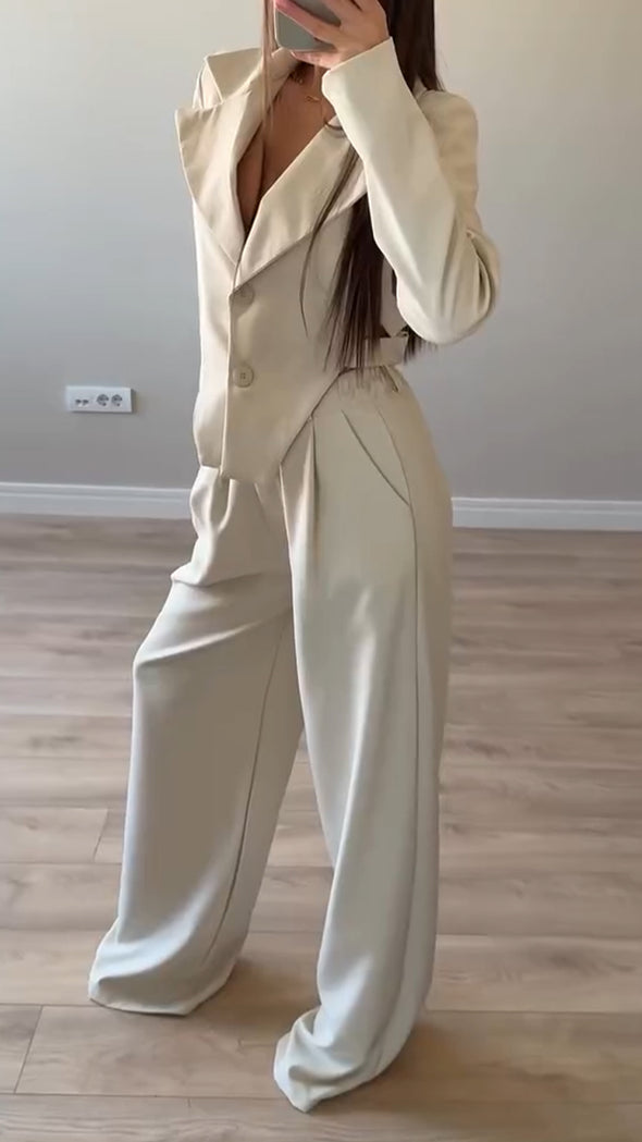 Womens Lapel Hollow Irregular Top + Pants Temperament Commuting Suit