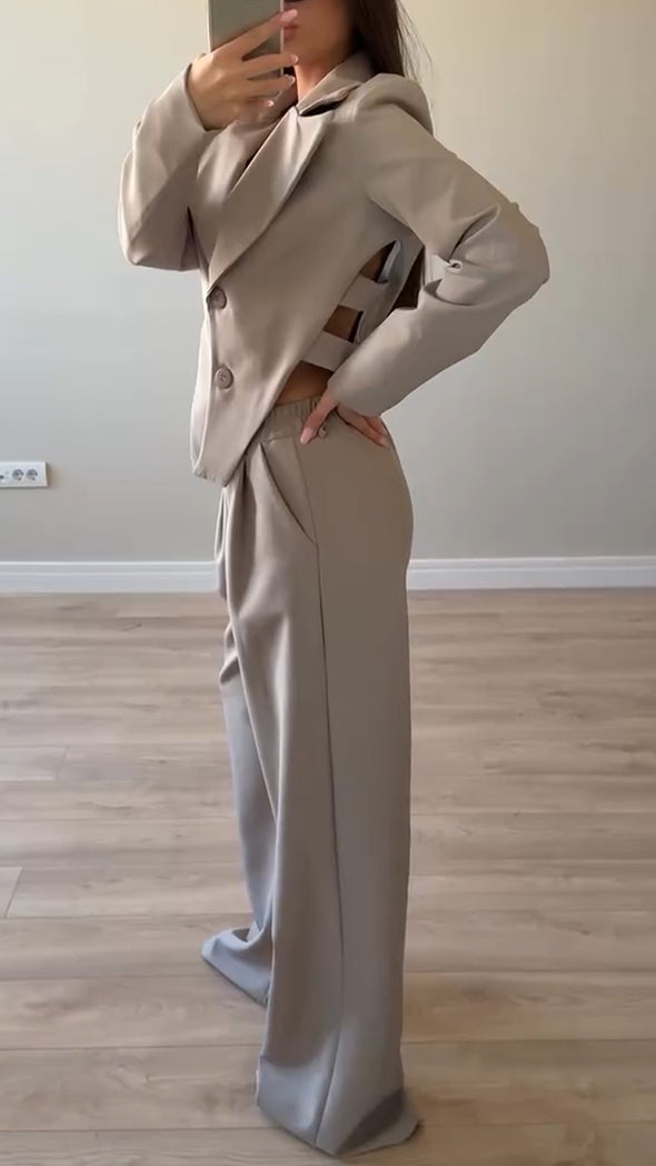 Womens Lapel Hollow Irregular Top + Pants Temperament Commuting Suit