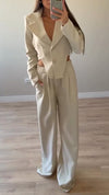 Womens Lapel Hollow Irregular Top + Pants Temperament Commuting Suit