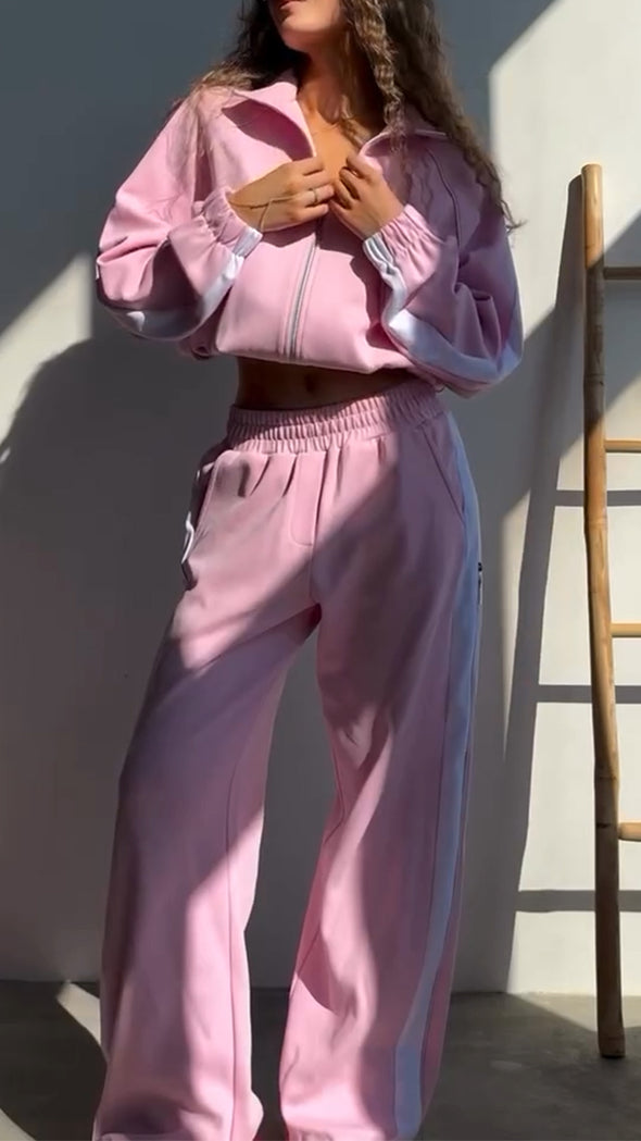 Womens Lapel Zipper Jacket + Pants Casual Set