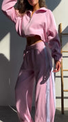 Womens Lapel Zipper Jacket + Pants Casual Set