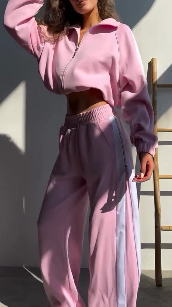 Womens Lapel Zipper Jacket + Pants Casual Set
