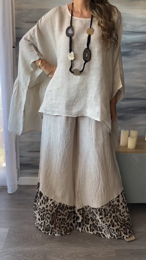 Womens Round Neck Irregular Top + Printed Pants Loose Casual Suit