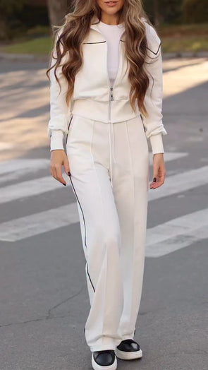 Womens Lapel Zipper Jacket + Pants Casual Set